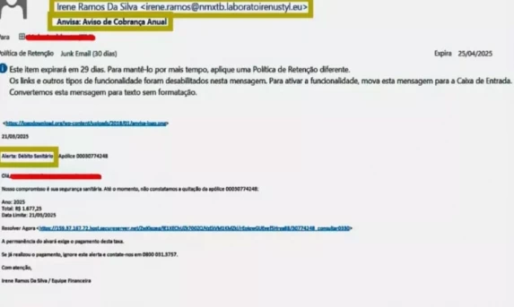 Anvisa alerta para tentativa de golpe com falsa cobrança por e-mail.
