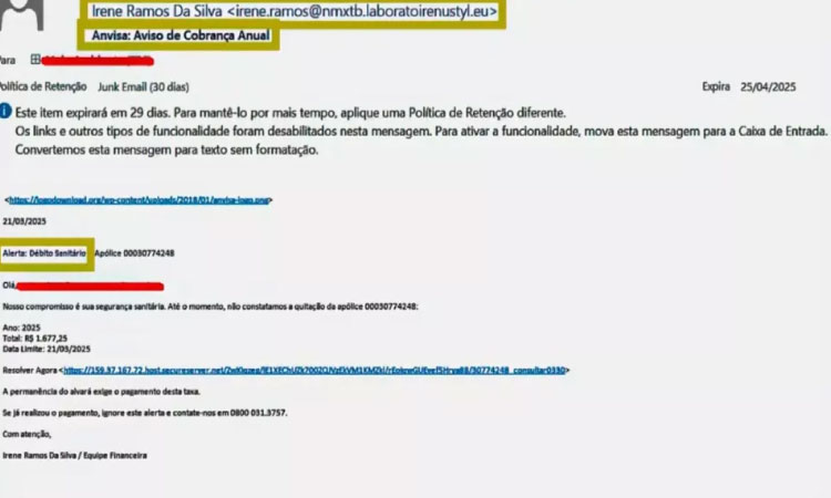Anvisa alerta para tentativa de golpe com falsa cobrança por e-mail.