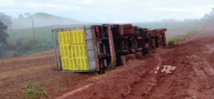 GUARANIAÇU: Carreta utilizada para transporte de frangos tomba na estrada de acesso ao Guaporé.
