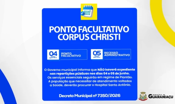 Guaraniaçu decreta Ponto Facultativo e Recesso Administrativo devido ao Dia de Corpus Christi.