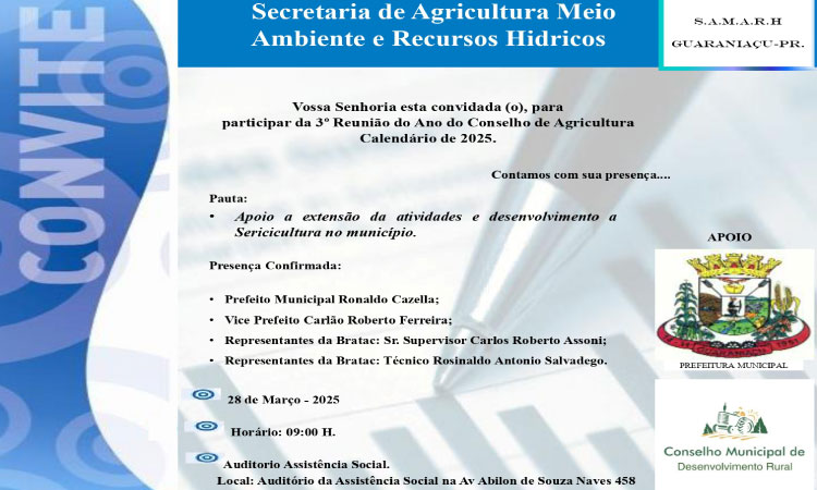 GUARANIAÇU: Nesta Sexta-Feira acontece a 3ª reunião do Conselho de Agricultura.