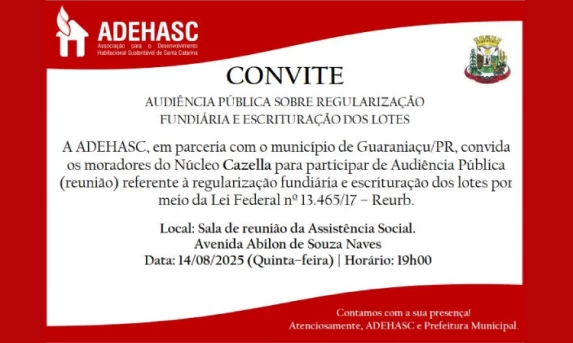 Guaraniaçu: Núcleo Cazella terá audiência pública sobre regularização fundiária e escrituração de lotes