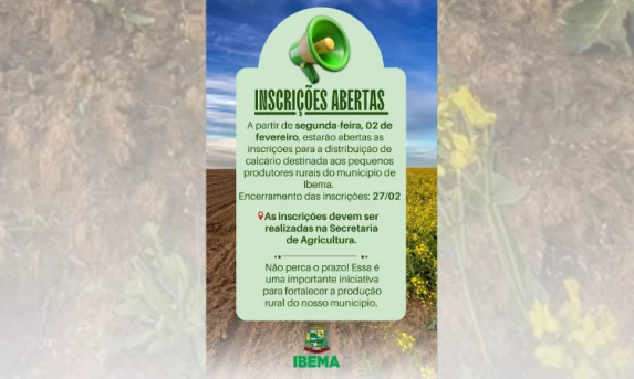 Ibema abre inscrições para distribuição de calcário a pequenos produtores rurais