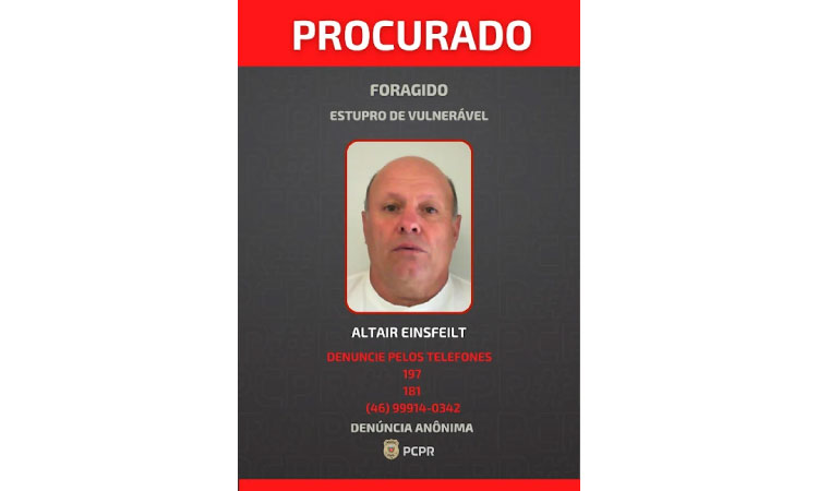 Polícia Civil divulga foto de foragido por estupro de vulnerável em Quedas do Iguaçu.