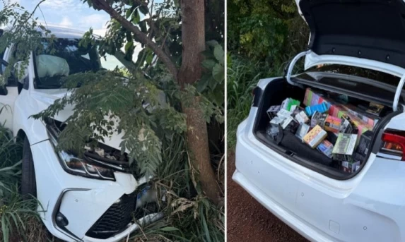 Transportando cigarros eletrônicos, motorista tenta fugir, mas colide contra árvore na BR-369, em Cascavel
